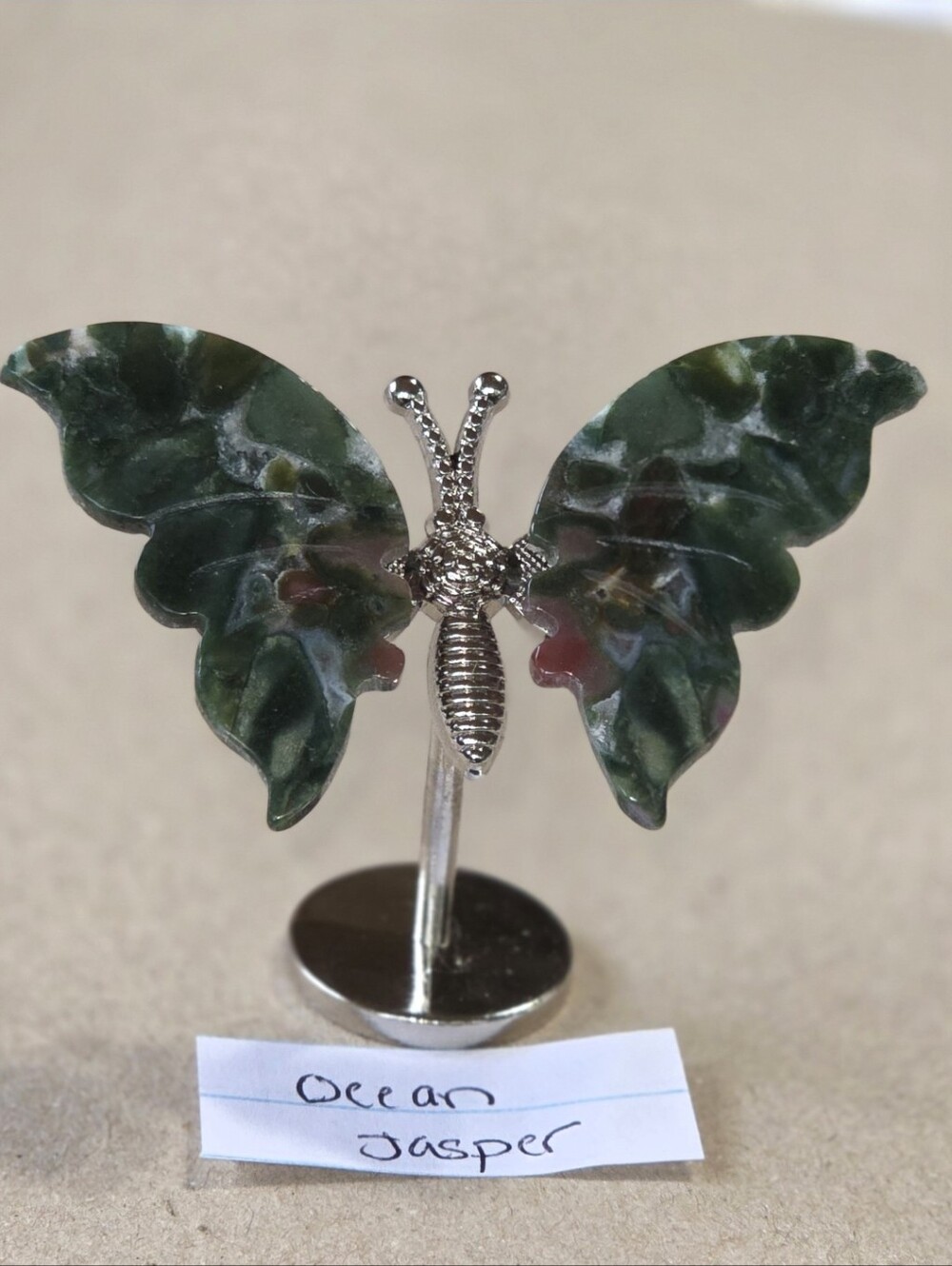 Ocean Jasper Crystal Butterfly Wings On Metal Body Stand